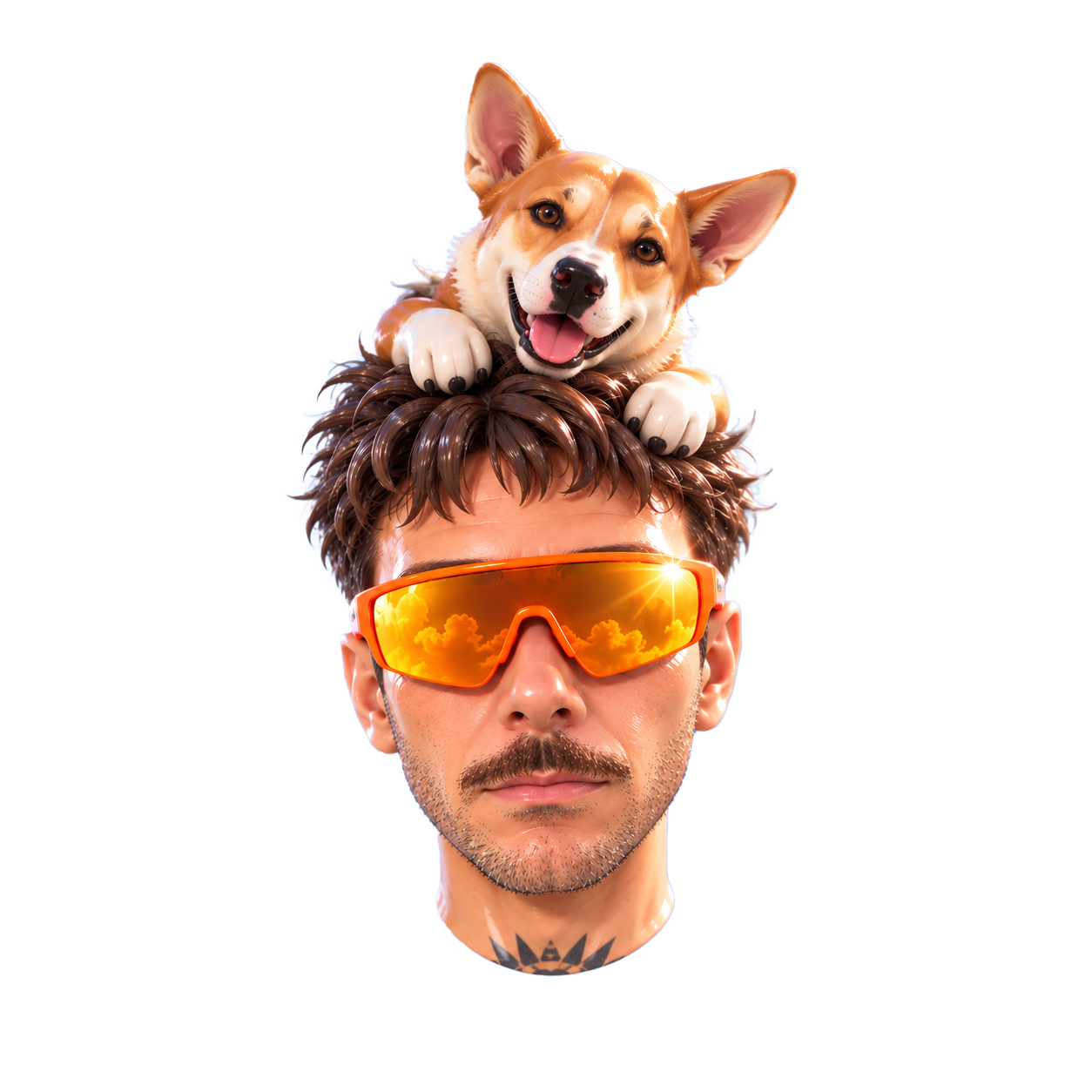 Mann mit orangefarbener Brille und einem Hund auf dem Kopf vor blauem Himmel mit Wolken